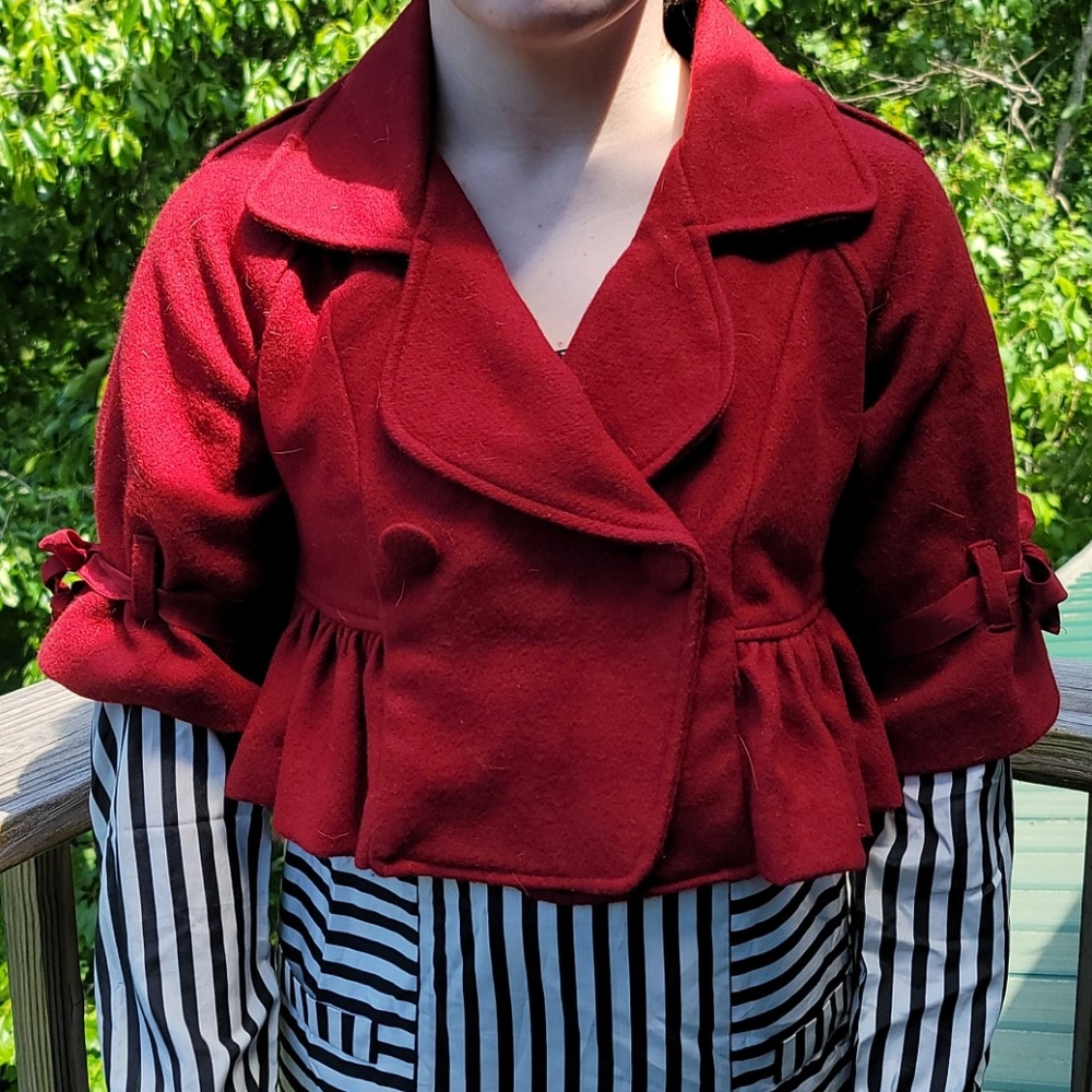 Red Cropped Ruffle Peacoat Jacket – Size S – Statement Piece